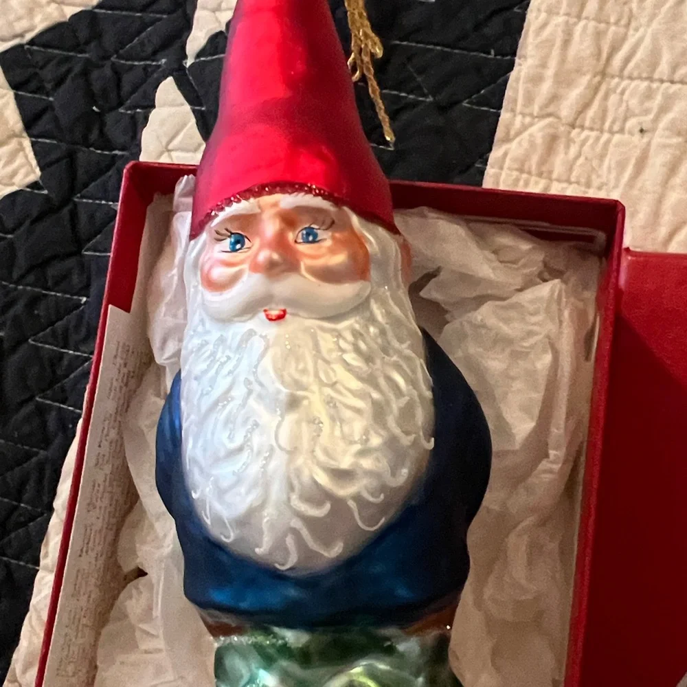 Gnome elf Santa glass blown ornament 7”